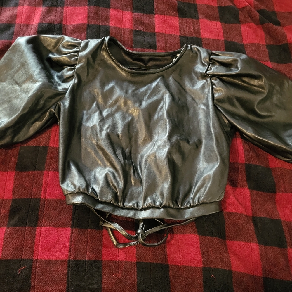 Black Puff Sleeve Faux Leather Top Gently Worn..Size XS